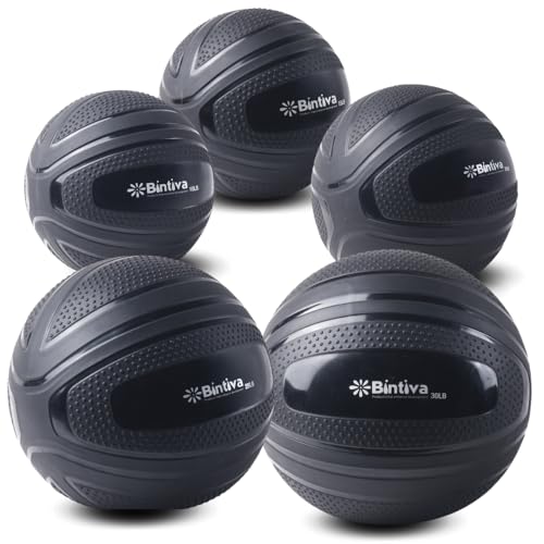 bintiva Non Bounce Slam Ball - Exercise Weighted Deadball for Workout and Fitness Routines - Medicine Dead Weight Ball - color: Black SET - 10 15 20 25 30 LBs