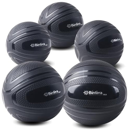 bintiva Non Bounce Slam Ball - Exercise Weighted Deadball for Workout and Fitness Routines - Medicine Dead Weight Ball - color: Black SET - 10 15 20 25 30 LBs