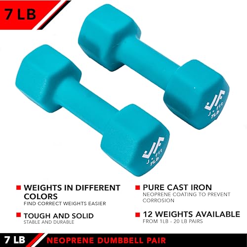 JFIT Dumbbell Pairs or Sets – Neoprene & Vinyl Coated Hand Weights for Home Gym, Strength Training, Aerobics, Cardio Exercise and Fitness - size: 7 lbs (Pair), style: Dumbbell Pair