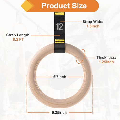 Wooden Gym Rings with 9ft Double-Layer Numbered Straps Quick Adjust. 1.25” Olympic Rings for Home Gym Small Apartment Hotel Camping Full Body Workout Calisthenics Strength Training Body