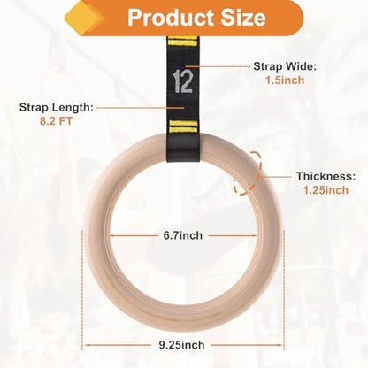 Wooden Gym Rings with 9ft Double-Layer Numbered Straps Quick Adjust. 1.25” Olympic Rings for Home Gym Small Apartment Hotel Camping Full Body Workout Calisthenics Strength Training Body