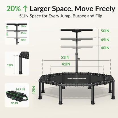 BCAN BT3 51" Octagonal Rebounder Trampoline for Adults, 450LBS Max Load Fitness Trampoline with Large Jumping Area, Silent Bungee Mini Trampoline with T-Adjustable Handle for Home Gym