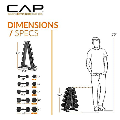 CAP Rubber Coated Dumbbell Weight Set with Vertical Rack | 100 lb, 150 lb, and 210 lb Options - size: 150 lb - Set, style: Black Handle
