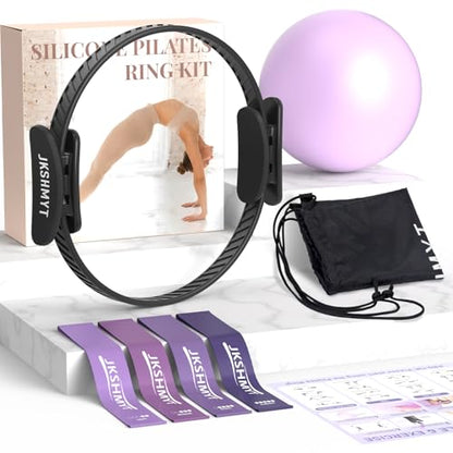 JKSHMYT Pilates Ring Kit for Women, Pilates Equipment – 14.5" Home Magic Circle Workout with Pilates Ball,Resistance Bands,Better me Pilates Essentials Starter Set for Beginners Toning Shape Full Body