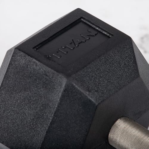 Titan Fitness 60 LB Pair Free Weights, Black Rubber Coated Hex Dumbbell, Straight Stainless Steel Handle, Strength Training, Full Body Workout