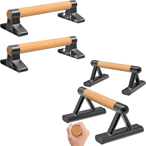 SELEWARE Wood Push Up Bars & Parallettes Bundle - Anti-Slip Handstand Bars for Calisthenics, Fitness, Floor Workouts - Solid Wood with Sturdy Metal Bracket, Supports 600 lbs