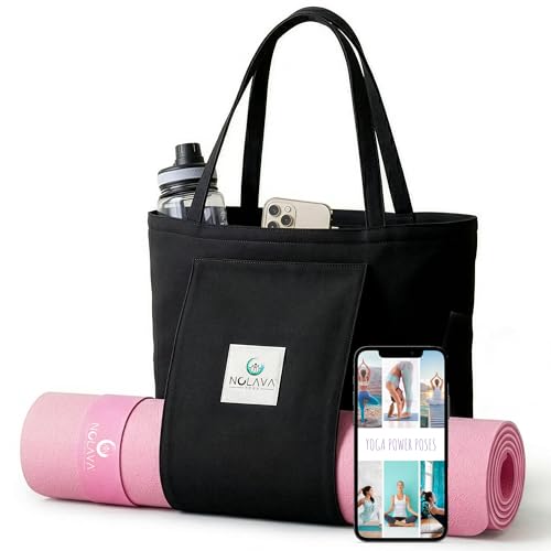 Nolava Yoga Mat with Bag – 72 x 24 inch, 1/4 inch Thick Non-Slip Mat – Includes Slap Band, Black Zippered Carry Tote with Mat Sleeve & Inner Pocket – For Yoga, Pilates, Home or Studio.