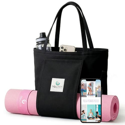 Nolava Yoga Mat with Bag – 72 x 24 inch, 1/4 inch Thick Non-Slip Mat – Includes Slap Band, Black Zippered Carry Tote with Mat Sleeve & Inner Pocket – For Yoga, Pilates, Home or Studio.