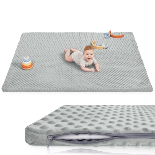 Huloo Sleep Baby Play Mat for Floor, Extra Thick 65x50 Inches Padded Mat with Ultra Soft 3D Minky Dot & Removable Washable Cover, Tummy Time Rug, Crawling Surface for Infant Toddler Kids (Grey) - color: Grey, size: 50"×65"×1.3"