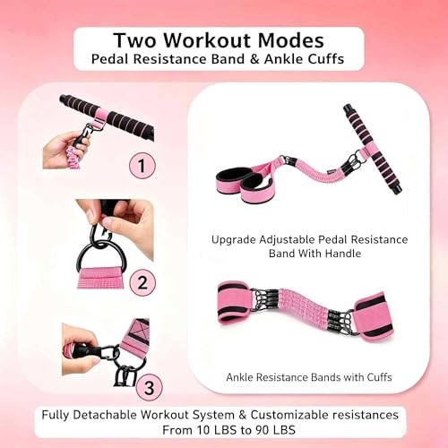 Pedal Resistance Band with Handle, 4 Fabric Covered Tubes 10-90 lbs Exercise Bands with Ankle Straps, Includes Massage Roller & Carry Bag, Full Body Home Gym Workout Equipment for Women and Men