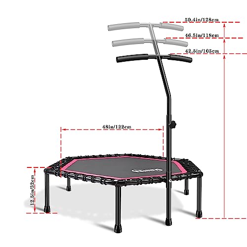 Newan 48'' Fitness Trampoline with Adjustable Handle Bar, Silent Trampoline Bungee Rebounder Jumping Cardio Trainer Workout for Adults - Max Limit 330 lbs - color: Pink