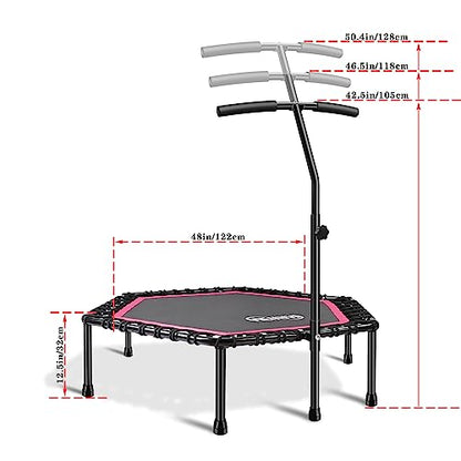Newan 48'' Fitness Trampoline with Adjustable Handle Bar, Silent Trampoline Bungee Rebounder Jumping Cardio Trainer Workout for Adults - Max Limit 330 lbs - color: Pink