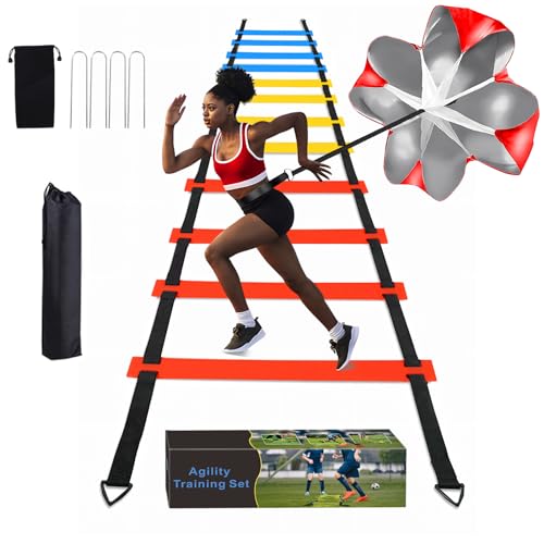 Soccer Speed Agility Training Set - 20FT Agility Ladder 12/16 Sports Cones and Soccer Kick Trainer Football Training Equipment Footwork Drills for Youth and Adults - color: Colorful, style: Agility Ladder+Running Parachute