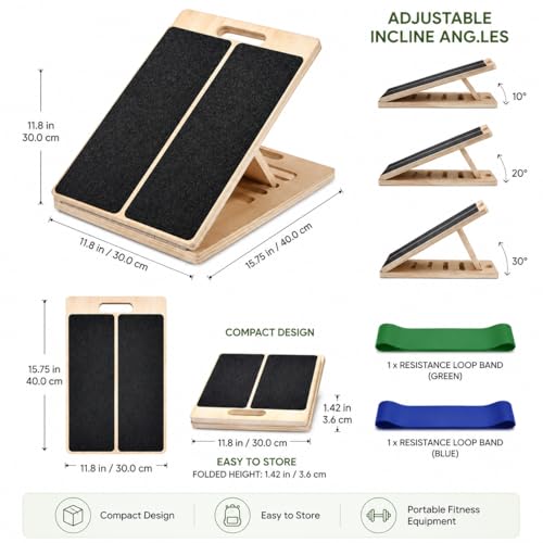 Slant Board for Exercise, 5-Position Adjustable Wooden Calf Stretcher, Portable Slant Board for Calf Stretching, Incline Board for Squats, Physical Therapy, Knee, Leg, Foot & Ankle Mobility