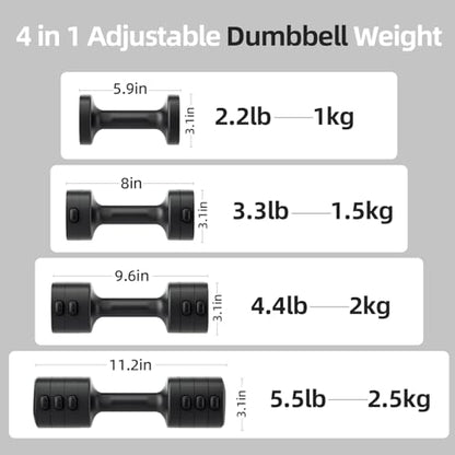 Lightweight Adjustable Dumbbell Kettlebell Set - 4 in 1 Free Weight Set with Kettlebell Grip Converter, Each 2.2 3.3 4.4 5.5lb Quick Change Weight Women Dumbbell Set for Small Spaces Home Gym - color: Dumbbell Black