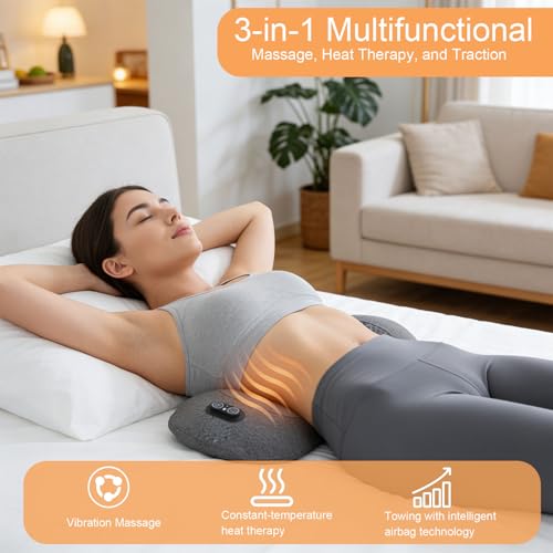 3-in-1 Lumbar Massager with Heating/Vibration/Adjustable Traction Memory foam lumbar pillow conforms to the spine's natural curve for relaxation Smart air cushion Ideal for home, office, or in-car use