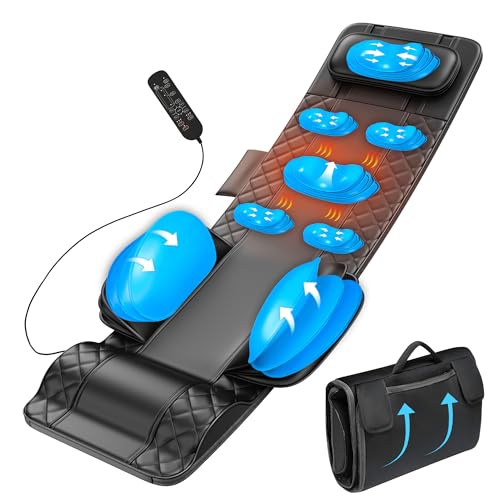 Full Body Massage Mat with Heat, 3D Stretching Back Massager Pad for Bed Sofa Floor, Lumbar & Neck Support, 4 Modes 3 Intensities 3 Heat Levels, Portable & Foldable, PU Leather, Gift for Dad/Mom