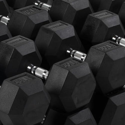 Titan Fitness Rubber Hex Dumbbells, 5 LB-50 LB Set of Pairs, Roll-Resistant Hexagonal Free Weights, Hex Dumbbell set with Chrome-Coated Handles, Free Weight Set, Strength Training Equipment