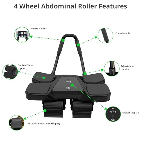 Ab Roller Home Gym Equipment – 4 Wheels Ab Wheel Muscle Roller with Built-in Tracker Ideal Exercise Equipment for Home – Comfortable Elbow Support with Non-Slip Handles – Workout Progress Tracking