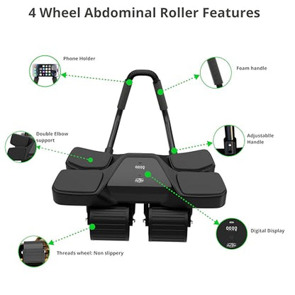 Ab Roller Home Gym Equipment – 4 Wheels Ab Wheel Muscle Roller with Built-in Tracker Ideal Exercise Equipment for Home – Comfortable Elbow Support with Non-Slip Handles – Workout Progress Tracking