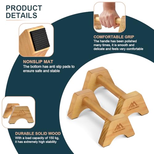 flintronic Push-up Stand, 2 PCS Wood Pushup Bars, Wooden Parallettes Bars, Non-Slip Base with Non-Slip Mat for Strength Training