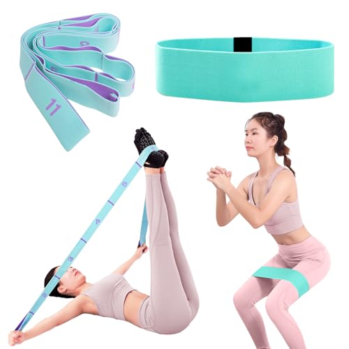 Glute Bands and Stretch Strap Set, Booty Band with 11 Loop Stretch Band for Women, Pilates, Yoga, Leg and Glute Workout, Flexibility Training and Home Exercise - color: Blue+Green