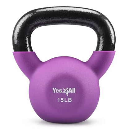 Yes4All Kettlebell - 5, 10 & 15 LB Neoprene Coated Cast Iron Kettlebells, Wide Grip Handle & Flat Bottom for Swings, Squats, Deadlifts, Push Ups & Full Body Training at Home Gym
