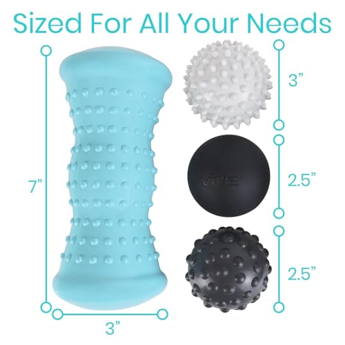 Vive Massage Ball Set (4 Piece) - Plantar Fasciitis Relief Foot Pain Hot Cold Therapy - Heel Spur, Sore Muscle, Trigger Point, Back, Arm, Neck, Shoulder, Leg Circulation Roller