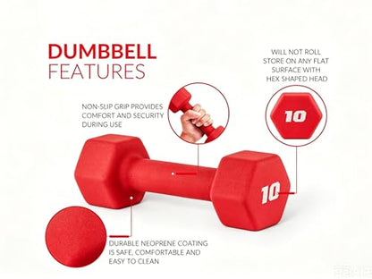 10 lb Neoprene Hex Dumbbell, Single, Non-Roll Design with Comfort Grip for Home Gym, Strength Training, HIIT Workouts for Men & Women