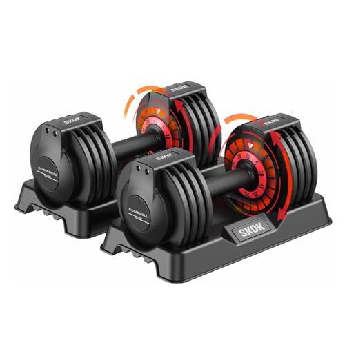 SKOK 25/55 lbs Pair Adjustable Dumbbells Set, Adjustable Weights Dumbbells Set for Men and Women with Anti-Slip Fast Adjust Weight by Turning Handle Dumbbell with Tray - color: 25lbs-Pair