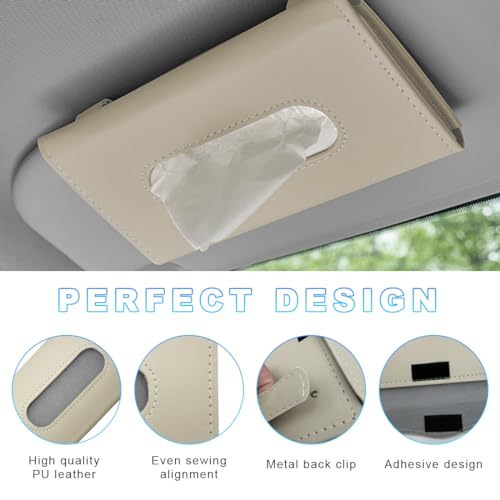 Car Tissue Holder, Leather Sun Visor Napkin Holder, Auto Backseat Tissue Mask Case Dispenser for Most Vehicles, Universal Interior Car Accessories Hanging Tissues (Beige)