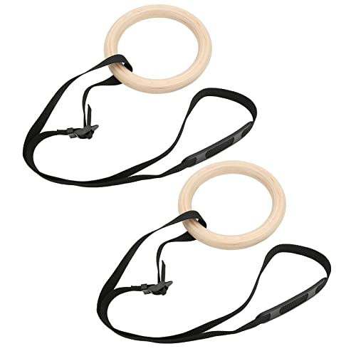 Luocute 1 Pair Wooden Gymnastic Rings, Birch Wood 330lbs Load Bearing Capacity Pull Up Exercise Rings with Adjustable Buckle Straps, for Home Gym Strength Training