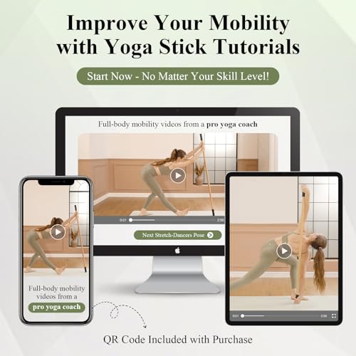 Yoga Stick for Stretching, 5ft Exercise Stick for Mobility & Flexibility, Bamboo Stretch Bar and Posture Pole with Non-Slip Grip - Includes Free Video Guide - color: Natural Bamboo