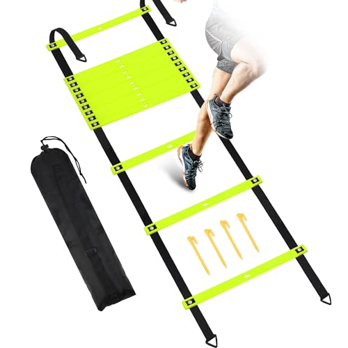 Fixed Rung Agility Ladder - 20ft 12 Rungs No Tangle Speed and Agility Training Equipment for Soccer Footwork Training with Carrying Bag/Ground Stakes for Adults Youth Kids - color: Green