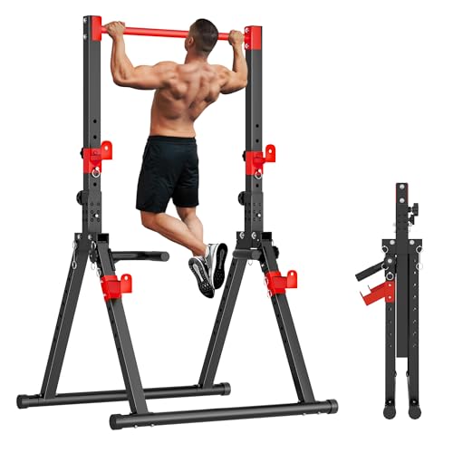 soges Foldable Power Tower, Pull Up Dip Station for Home Gym, 500 LBS Capacity Power Tower with Triangular Design, Adjustable Height Pull Up Bar for Full Body Workout - color: Red