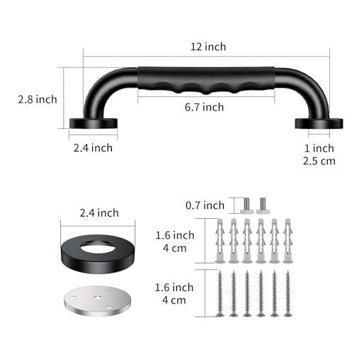 2 Pack 12 Inch Black Shower Grab Bar w/Anti Slip Rubber Grip,ZUEXT Stainless Steel Bath Grab Bar,Bathroom Balance Bar,Wall Mount Safety Handrail Support,Handicap Injury Elderly Senior Assist Handle