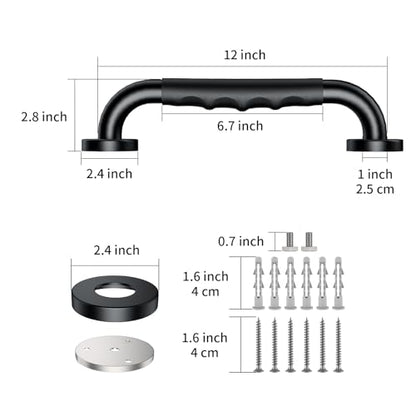 2 Pack 12 Inch Black Shower Grab Bar w/Anti Slip Rubber Grip,ZUEXT Stainless Steel Bath Grab Bar,Bathroom Balance Bar,Wall Mount Safety Handrail Support,Handicap Injury Elderly Senior Assist Handle