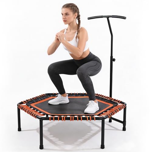 48" Mini Trampoline for Adults, Rebounder with Adjustable Handle Bar, Bungee Ropes, Indoor Outdoor,Fitness Trampoline for Home and Gym, Cardio & Strength Training - color: Orange