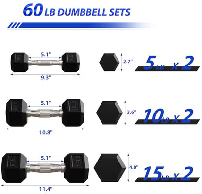 Signature Fitness Rubber Encased Hex Dumbbells with Optional Rack, 10 15 20LB Pairs and 5, 10 and 15 Pairs Weight Sets for Home Gym