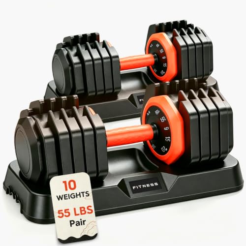 FEIERDUN Adjustable Dumbbell Set, Weight Set for Home Gym, 5/10-in-1 Free Weight Adjustable Dumbbells, Single Hand Twist Adjust with Non-Slip Handles, 90% Space Saving Strength Training for both Men&Women - color: 10 Weight Settings - 55 LB/Pair (110 LB T