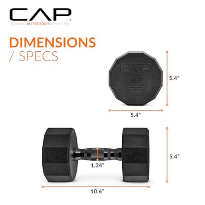 CAP Rubber Coated Dumbbell Weights, Free Weights for Home Gym Strength Training, Anti-Roll Hex Dumbbells with Black, Chrome & Comfort Grip Handles, Singles - size: 25 lb, style: 12-Sided - Black Handle