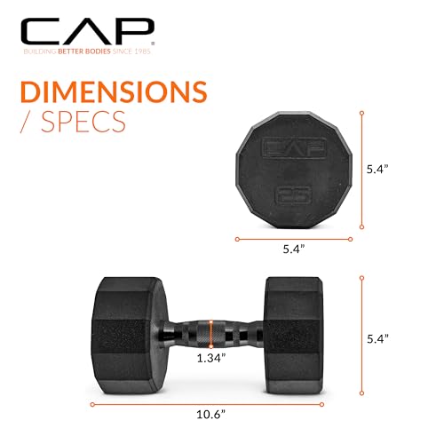 CAP Rubber Coated Dumbbell Weights, Free Weights for Home Gym Strength Training, Anti-Roll Hex Dumbbells with Black, Chrome & Comfort Grip Handles, Pairs & Sets - size: 25 lb - Pair, style: 12-Sided - Black Handle