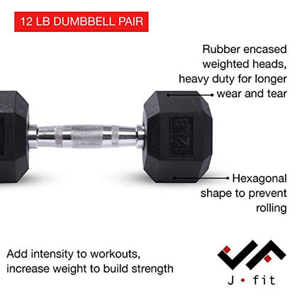 JFIT Rubber Hex Dumbbell - 15 Size, Single and Pair Options, 4-50lbs - Shaped Heads Prevent Rolling and Injury - Ergonomic Hand Weights for Exercise, Therapy, Muscle, Strength and Weight Training