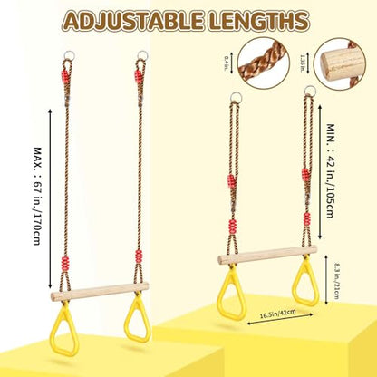 LadyRosian Wooden Trapeze Swing Bar, Adjustable Height Swing Set, Gym Rings, Playground Attachments, 16.5" Monkey Bar for Backyard, Playground, Playroom - color: Yellow