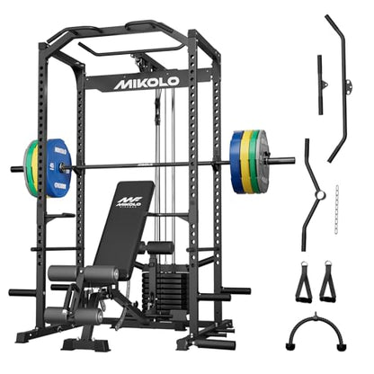 Mikolo F4 2.0 Power Cage with Dual-Track Smooth Pulley System, 1200LBS Power Rack with Leg Hold-Down for Heavy LAT Pulldowns - color: Black, size: F4 2.0 Elite (with Bench＆Bar＆230LB CP）