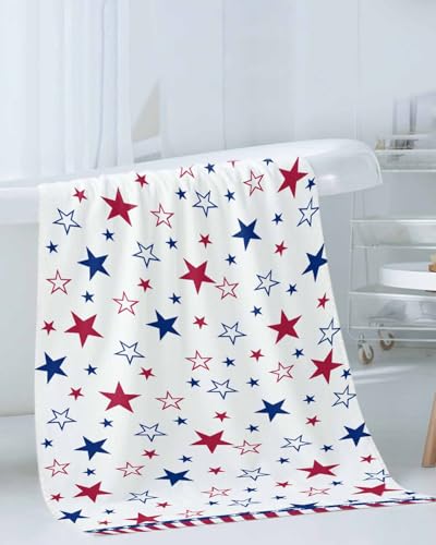 4th of July Bath Towels Set of 3 for Bathroom,Soft Absorbent Shower Beach Hand Face Hair Yoga Workout Gym Towel Dish Wahcloth,Blue Red Stripe Stars Independence Day Quick Dry Kitchen Bath Towels+Set