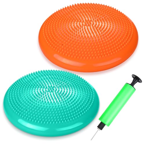 2 Pcs Wiggle Seat Inflated Wobble Cushion Flexible Balance Disc with Air Pump for Core Stability Strengthening Improving Posture Physical Exercise - color: Aqua and Orange