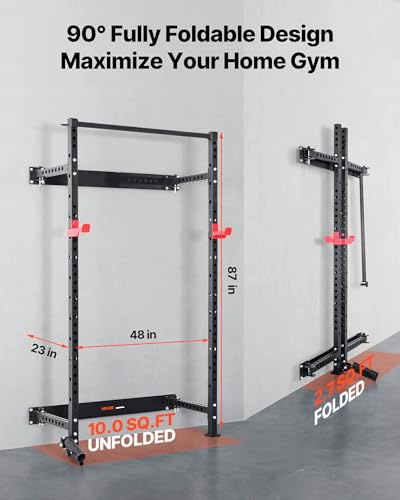 VEVOR Folding Power Cage, Wall-Mounted Power Rack Squat Rack, Multifunctional Strength Training Workout Equipment with Landmine Holder, Adjustable J-Hooks & Pull-Up Bar for Home Gym, 1000LBS Capacity