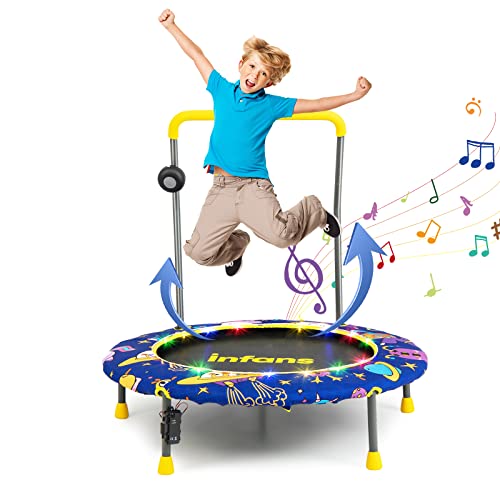 INFANS 36" Foldable Mini Trampoline with Bluetooth Audio LED Lights Detachable Handrail, Small Trampoline for Kids Exercise Indoor Outdoor Toddlers Max Load 220 LBS (Music Lights Trampoline)