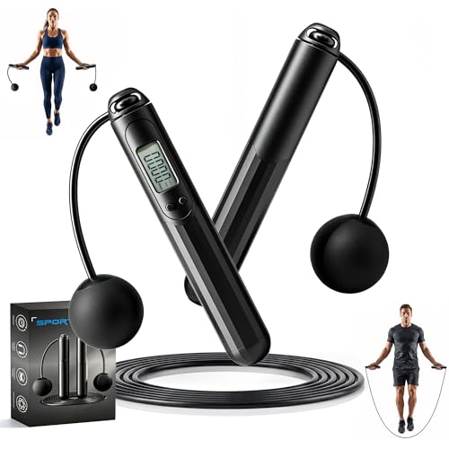 Jump Rope with Counter, 2 in 1 Weighted Cordless & Corded，Smart LCD Display Tracks Calories, Time & Jumps，Adjustable Length with Steel Ball Bearings for Home Gym, Fat Burning, Boxing, HIIT，For Men & Women
